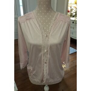 Vintage Texsheen Pink Nylon & Lace Bed Jacket Women Size Small Lingerie Cropped